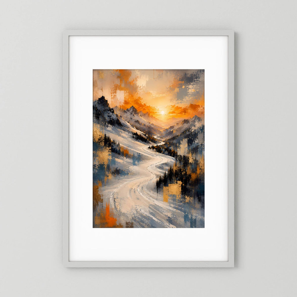 Poster mit Rahmen, Hochformat: abstrakte verschneite Berglandschaft in warmem Orange