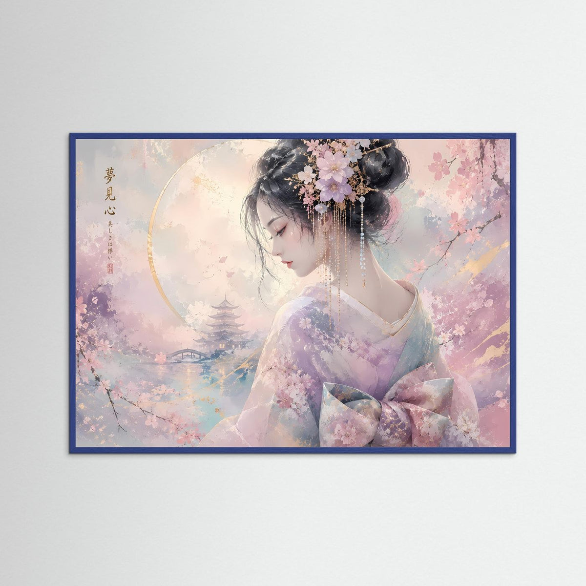 Sakura-Wandbild mit blauem Rahmen: Frau im Pastell, Kirschblüten, zarte Landschaft