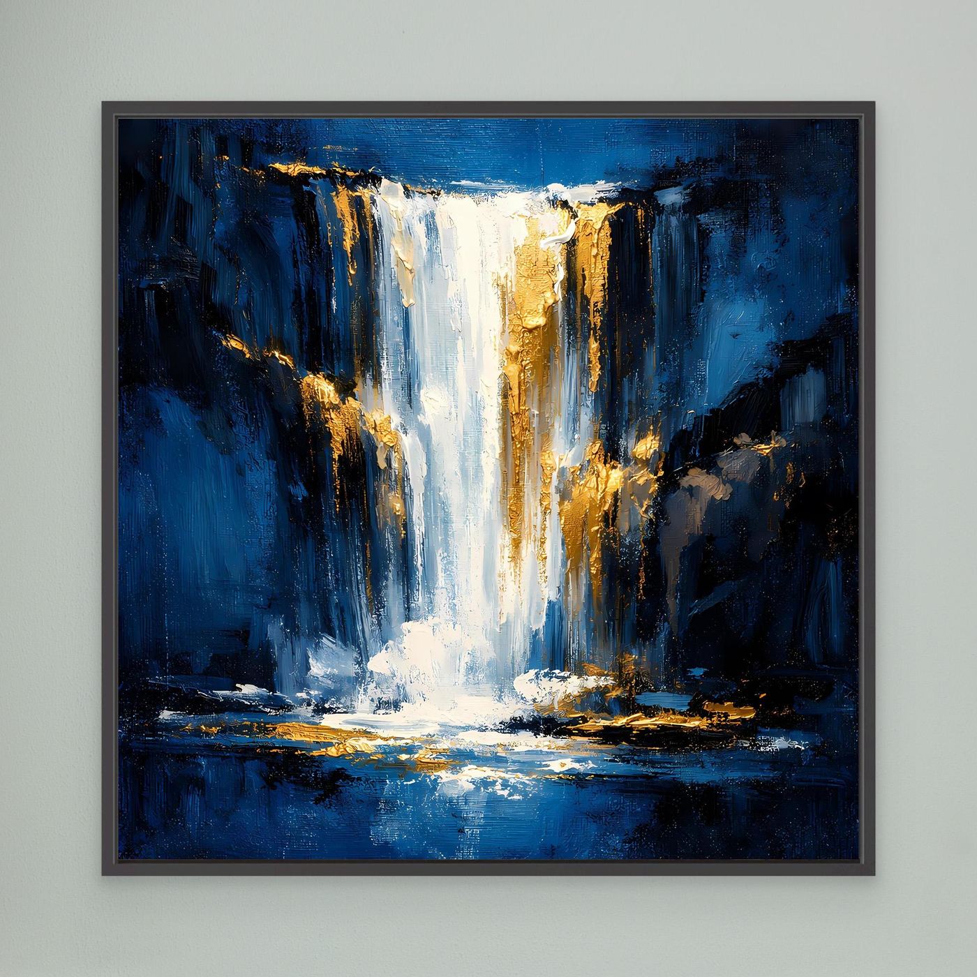 Leinwand Abstraktes Wasserfall Gemälde in Dunkelblau und Gold | Modernes Natur Wandbild