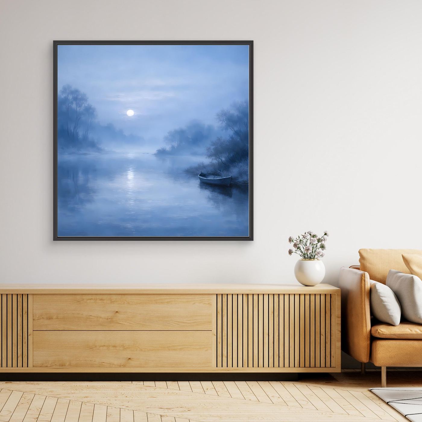 Gerahmtes Leinwandbild mit schwarzem Rahmen: blauer Fluss im Mondlicht