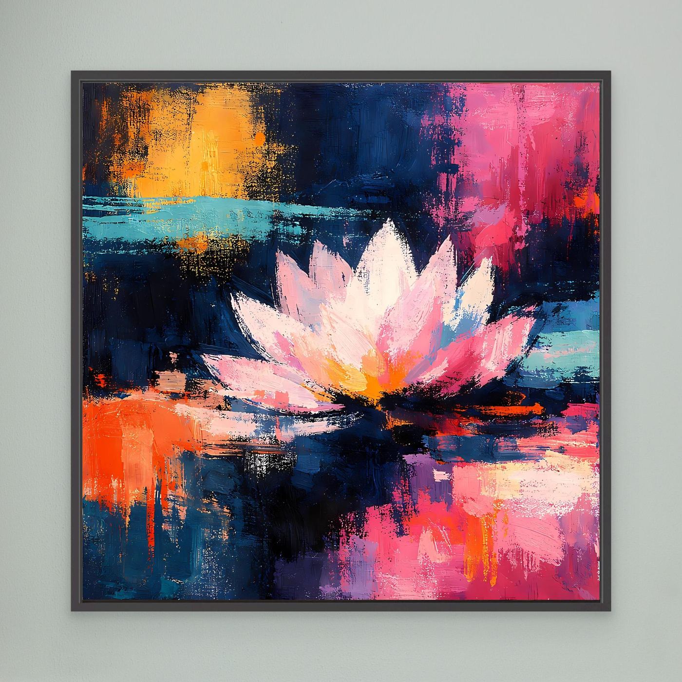Abstraktes Lotus-Leinwandbild mit Blüte, orange-blau-pink, schwarzer Rahmen