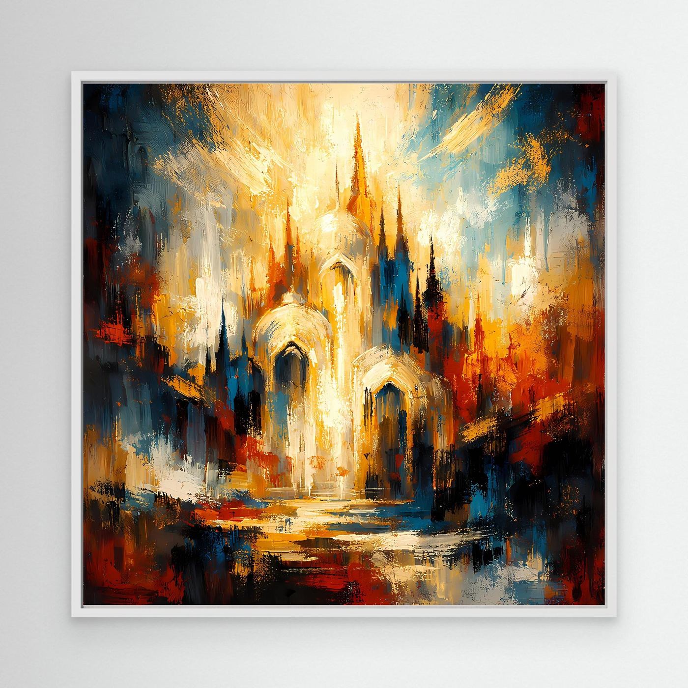 Leinwandbild „Goldene Kathedrale“: abstrakte Architektur in Gold, Blau und Rot, mit weißem Rahmen