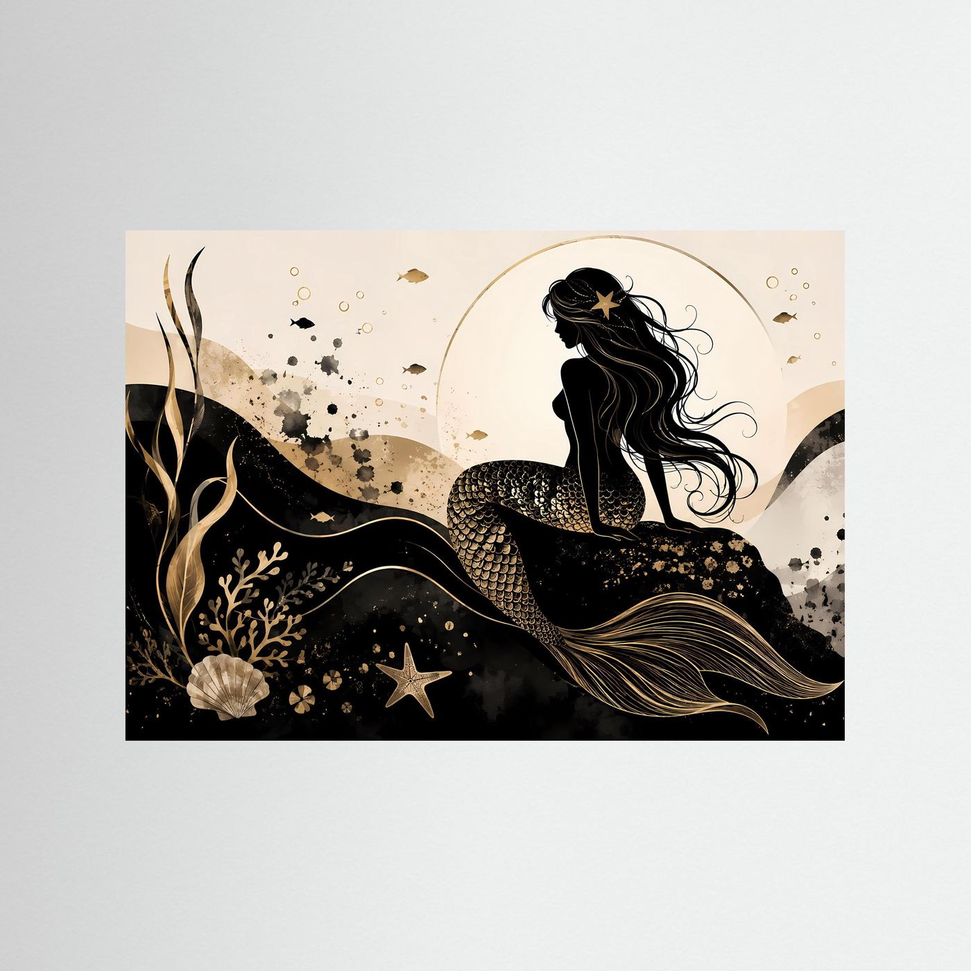 Querformat-Poster mit Meerjungfrau in Schwarz & Gold, ohne Rahmen