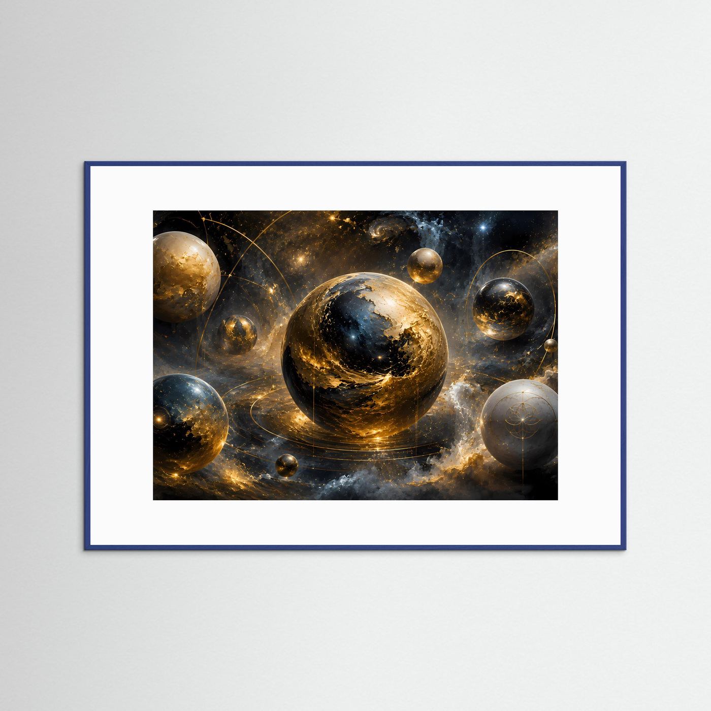 Abstraktes Weltraum-Poster mit Planeten, Gold-Schwarz, rechteckiger Rahmen in Blau