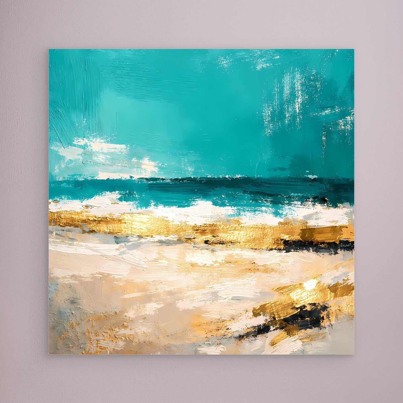 Leinwand Abstraktes Strandgemälde in Türkis und Gold | Modernes Meer Wandbild