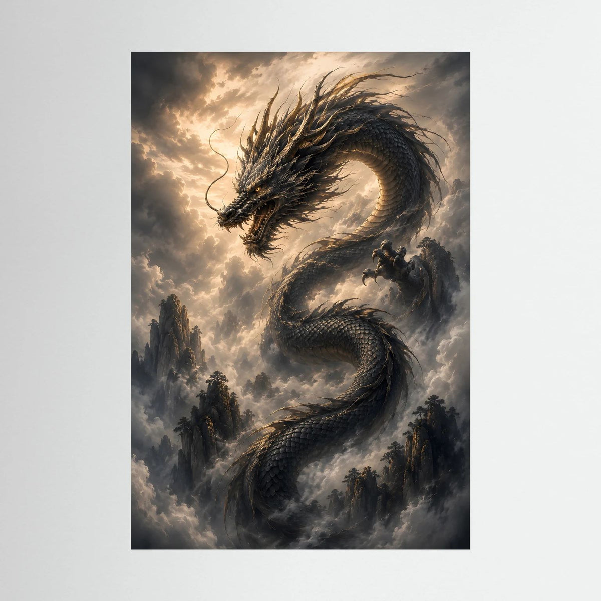 Wandbild mit schwarzem asiatischem Drachen über Wolkenbergen, Hochformat