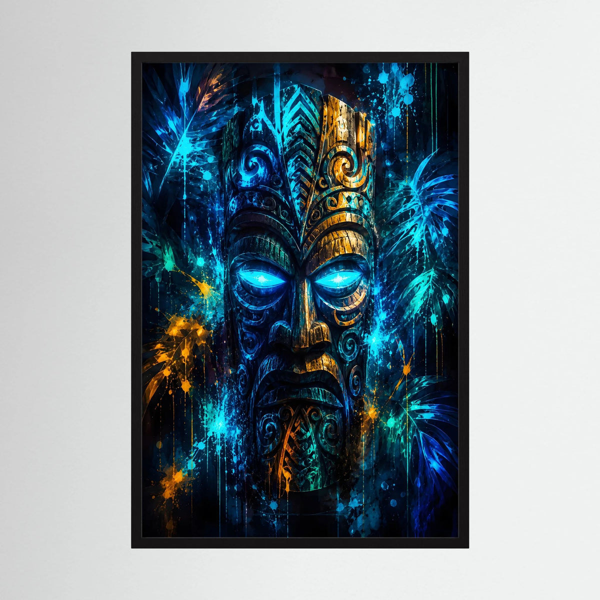 Hochformatiges Poster mit leuchtender Tiki-Maske in Blau, Türkis und Gold im schwarzen Rahmen