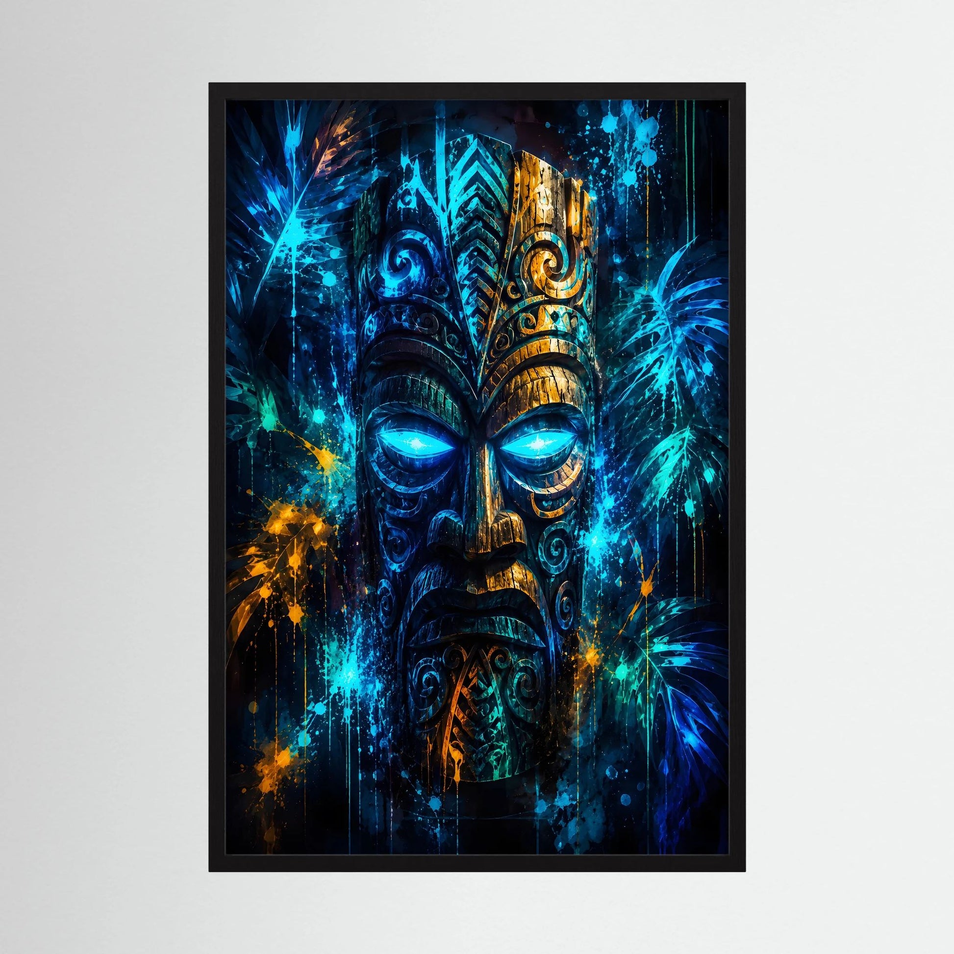 Hochformatiges Poster mit leuchtender Tiki-Maske in Blau, Türkis und Gold im schwarzen Rahmen