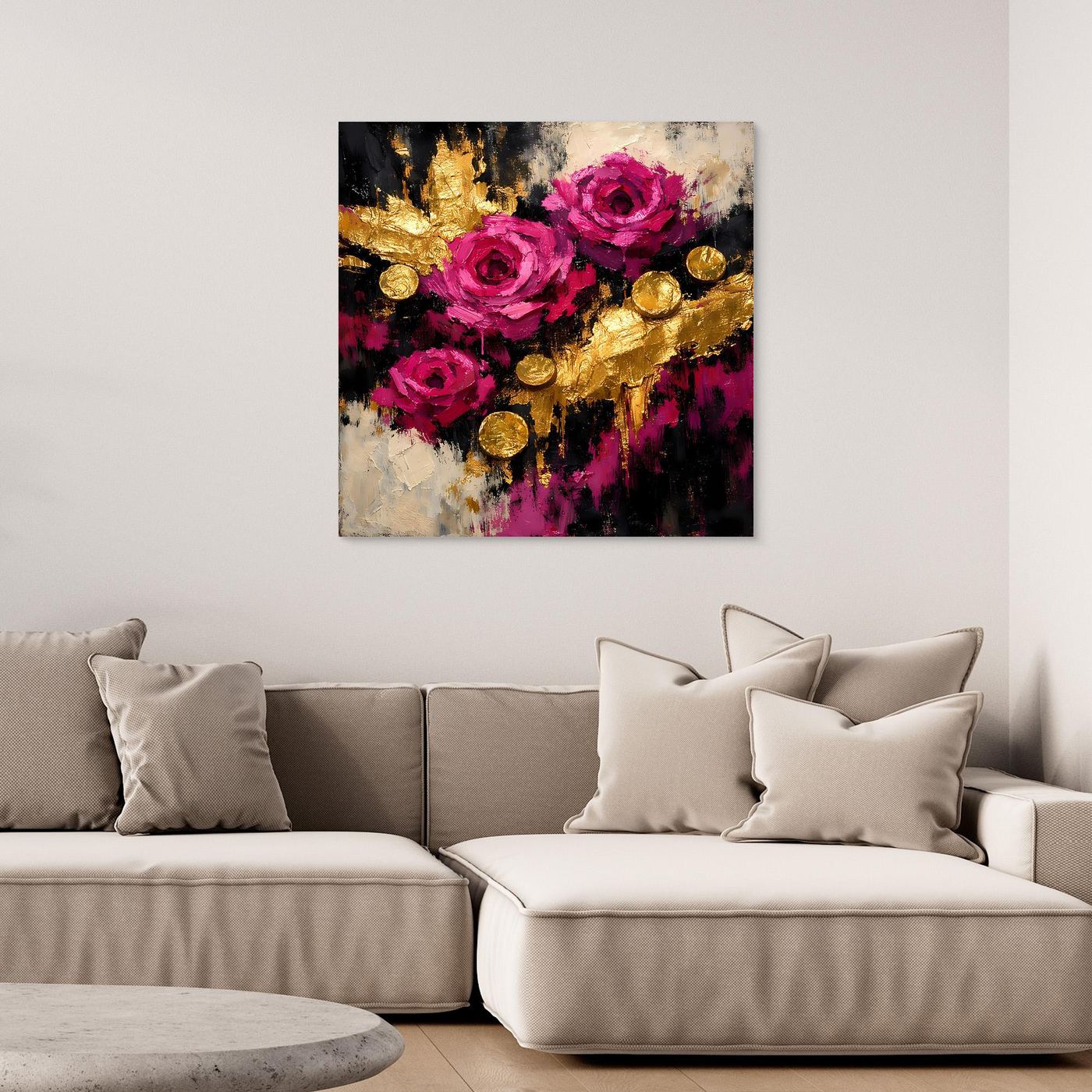 Leinwand Elegante Rosen in Magenta | Abstraktes Blumen Wandbild Gold
