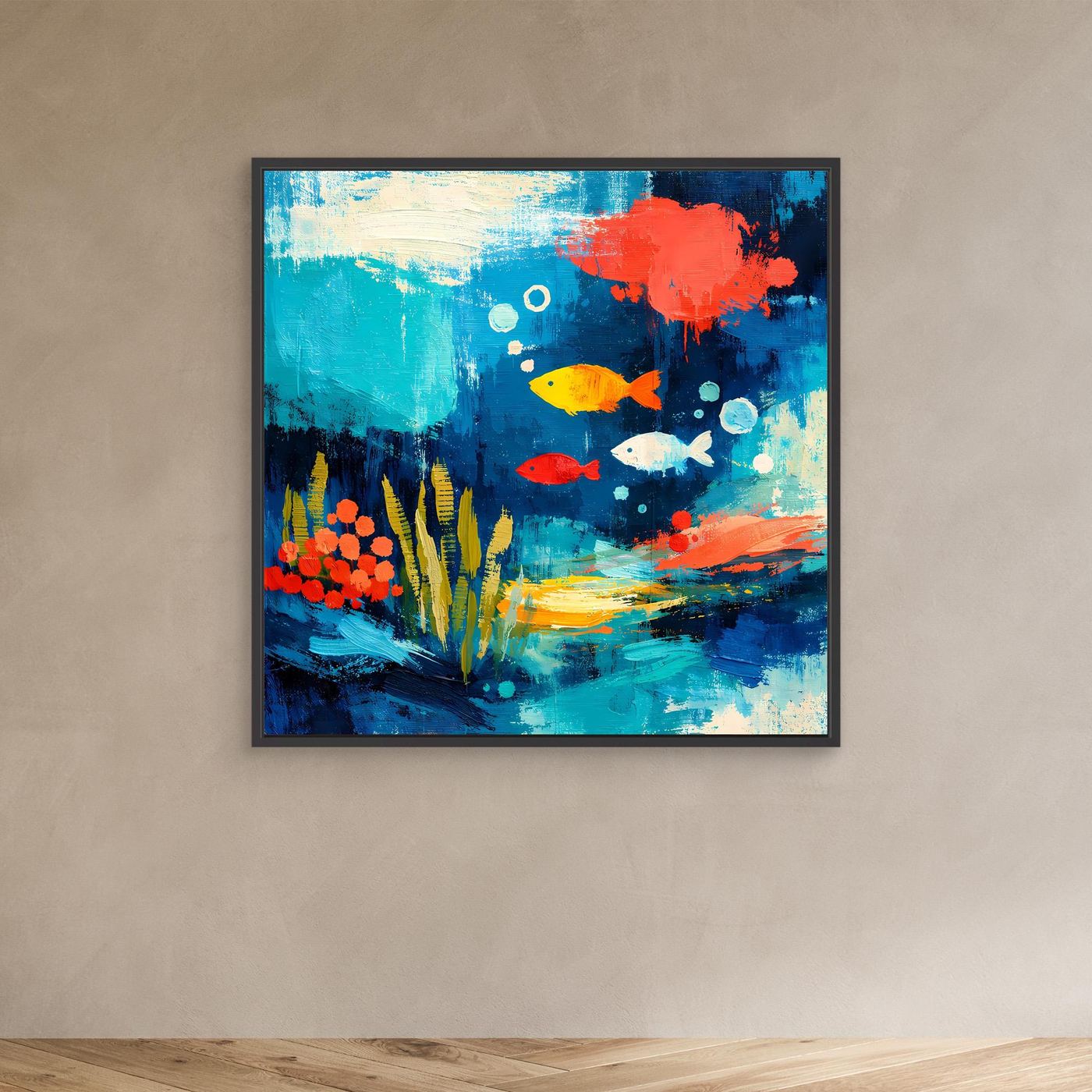 Underwater abstract wall canvas with fish and coral, black frame, blue-red underwater scene