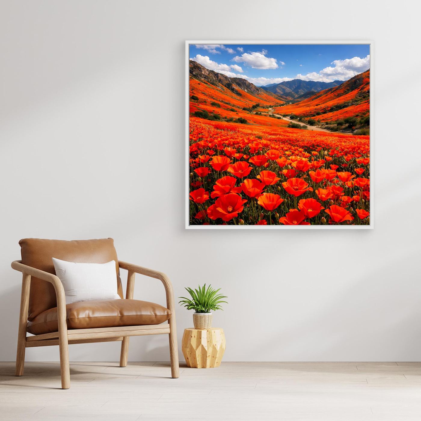Leinwandbild mit Holzrahmen: dichte rote Mohnblüten vor orangefarbenen Hängen
