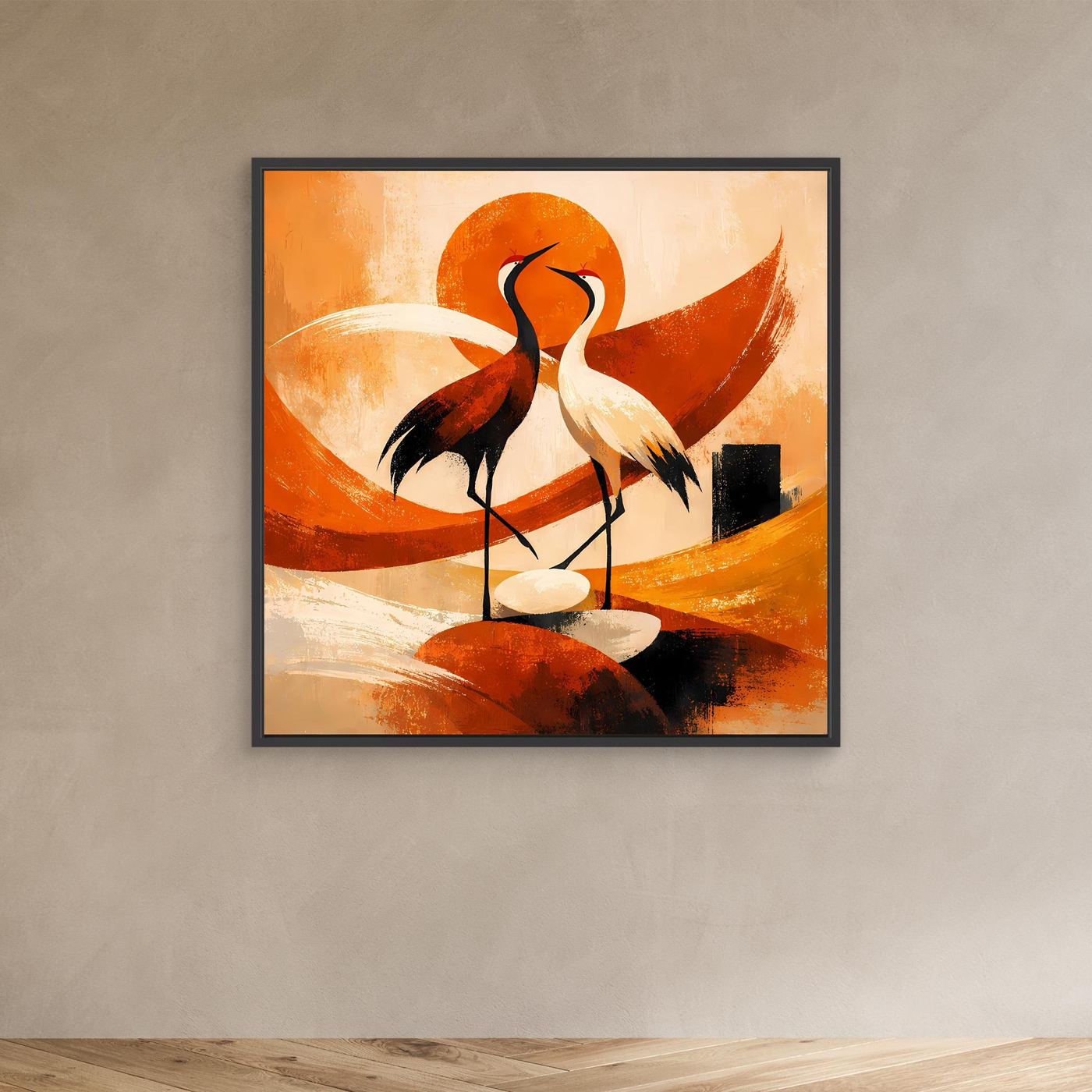 Schwarzes gerahmtes Leinwand-Wandbild mit zwei Kranichen, orangefarbene Sonne, abstrakte Flächen.