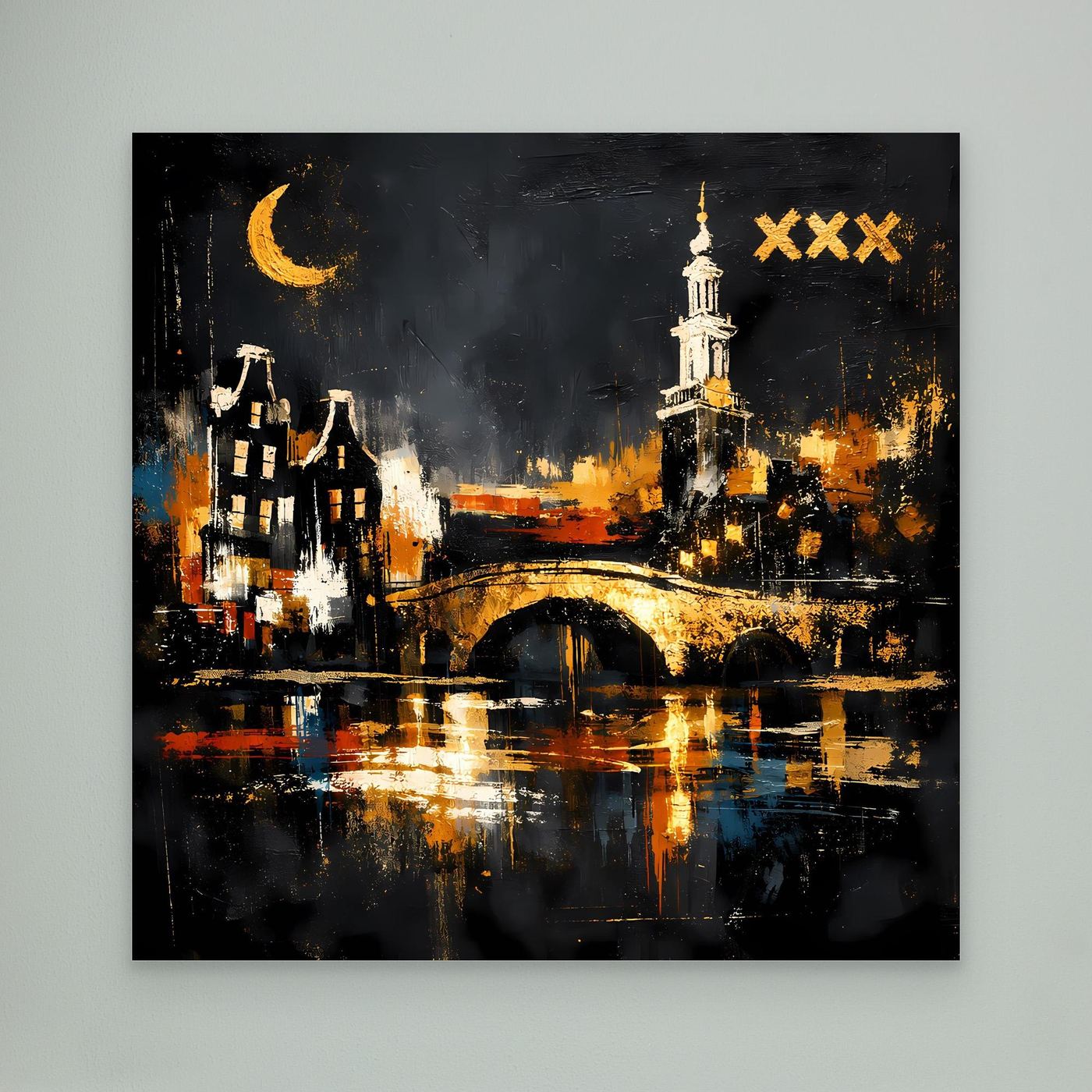 Leinwand Romantische Grachten von Amsterdam bei Nacht | Modernes Holland Wandbild