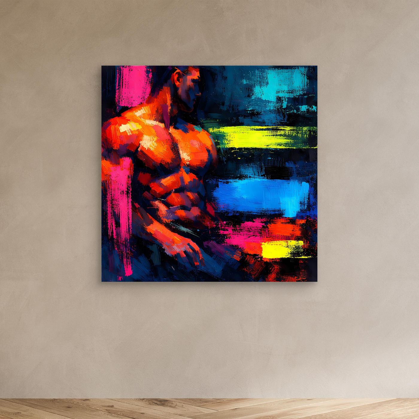 Leinwandbild Abstrakter Männlicher Torso | Moderner Neon-Kunst Wandbild auf echtem Holzkeilrahmen