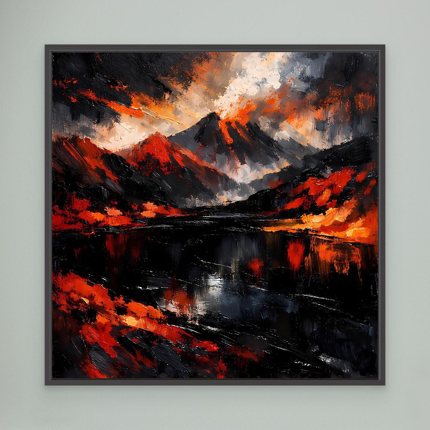Abstraktes Leinwand-Wandbild mit Vulkan- und Flammenmeer-Motiv, grauer Rahmen