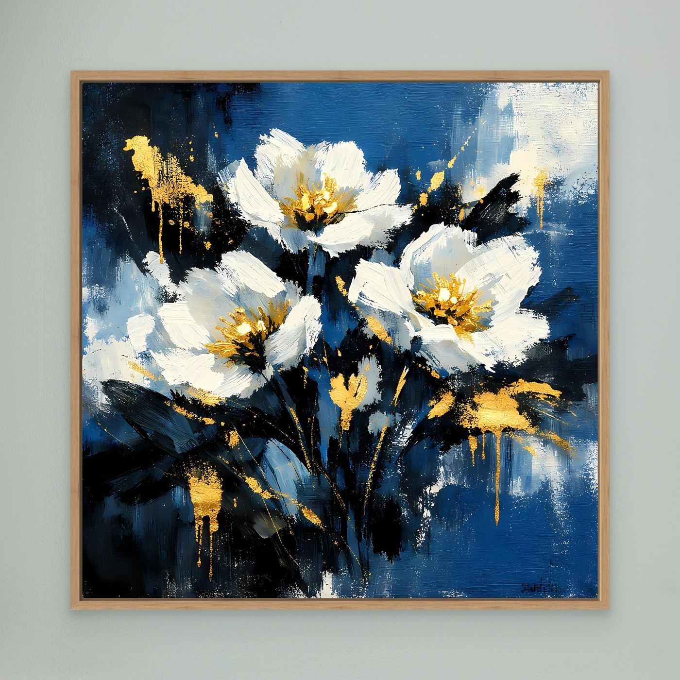 Blumen-Leinwand mit weißen und goldenen Blüten auf blauem Hintergrund, Holzrahmen