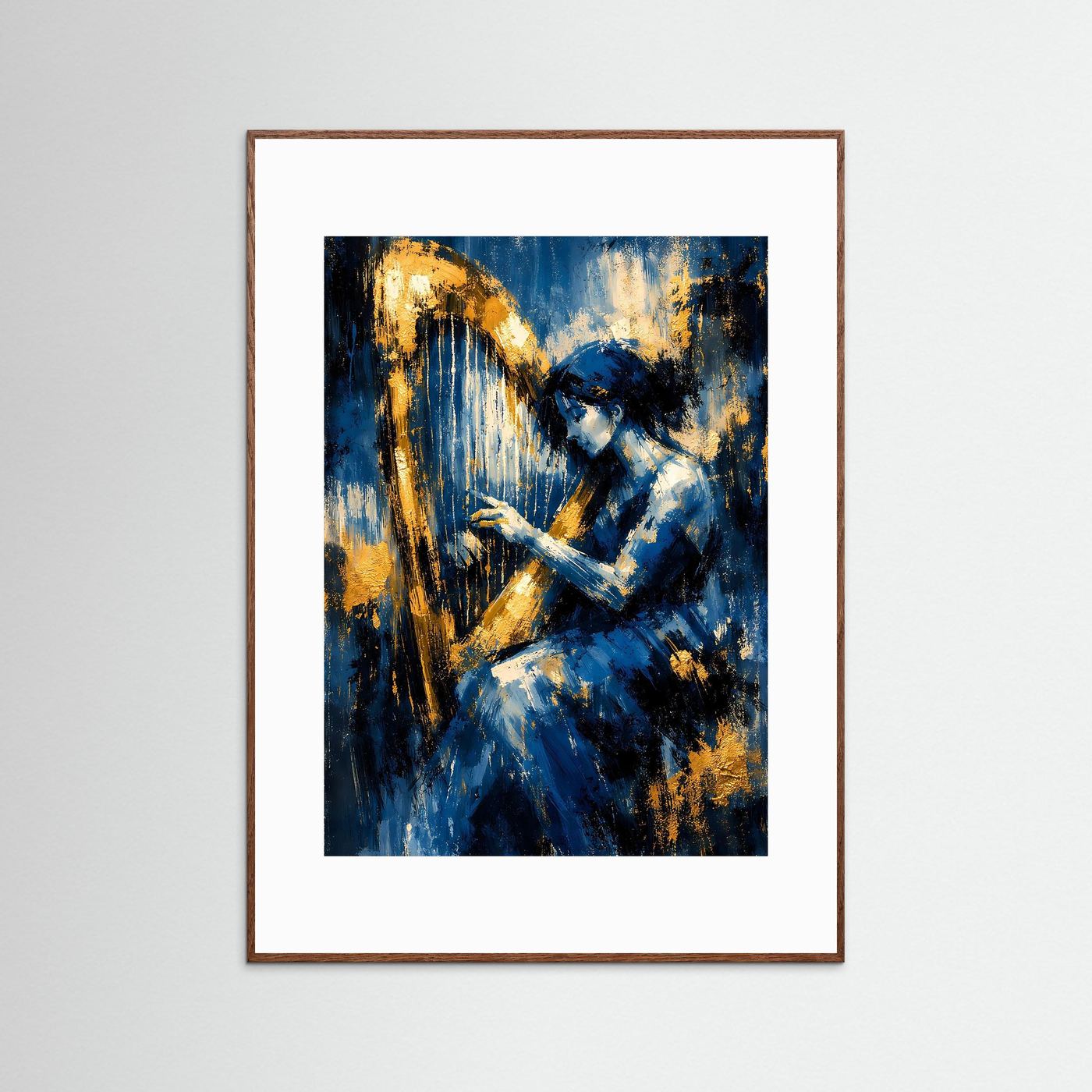 Kunstposter mit abstraktem Harfenspiel in Nachtblau, Weiß und Gold, braun gerahmt