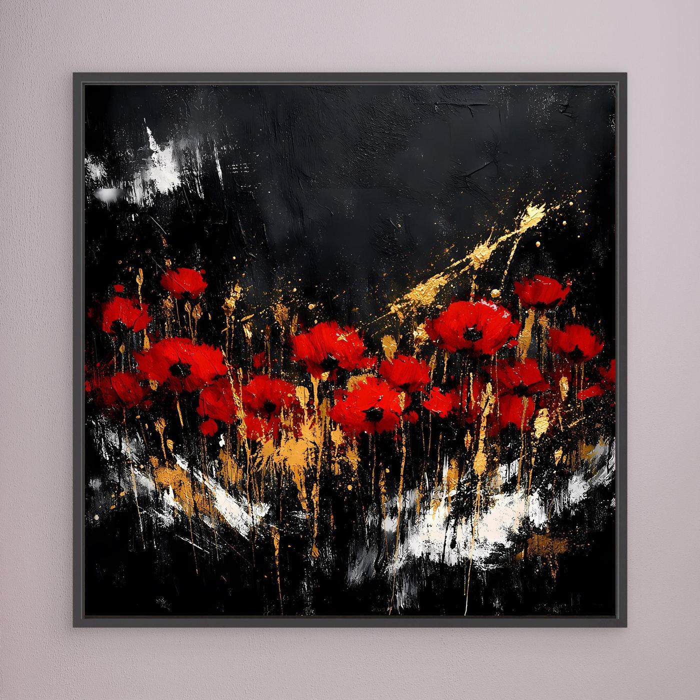Leinwand Rote Mohnblumen mit Gold-Akzenten | Modernes Florales Wandbild Abstrakt