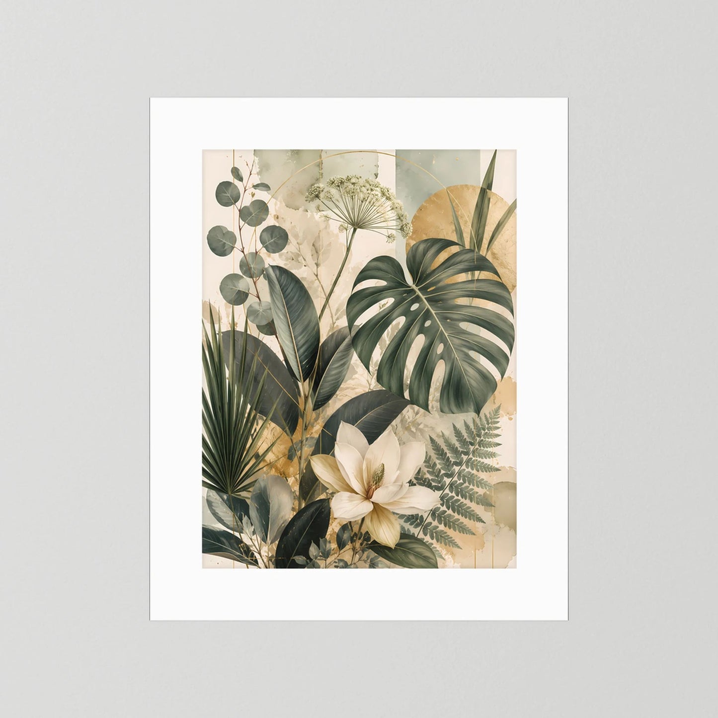 Hochformatiges Pflanzenposter mit grünen Blättern und Magnolienblüte, weiß umrandet