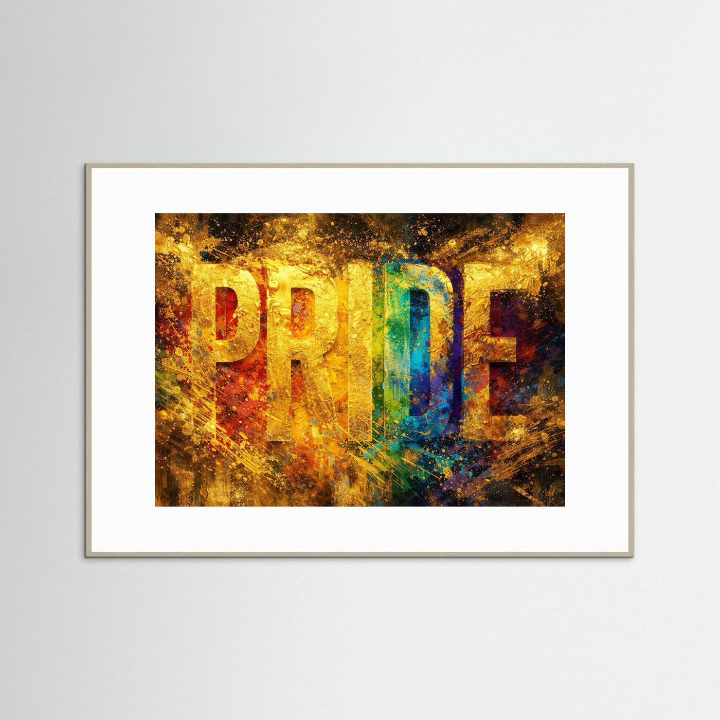 Wandbild-Poster mit PRIDE-Schriftzug, grauer Holzrahmen, Gold-Bunt