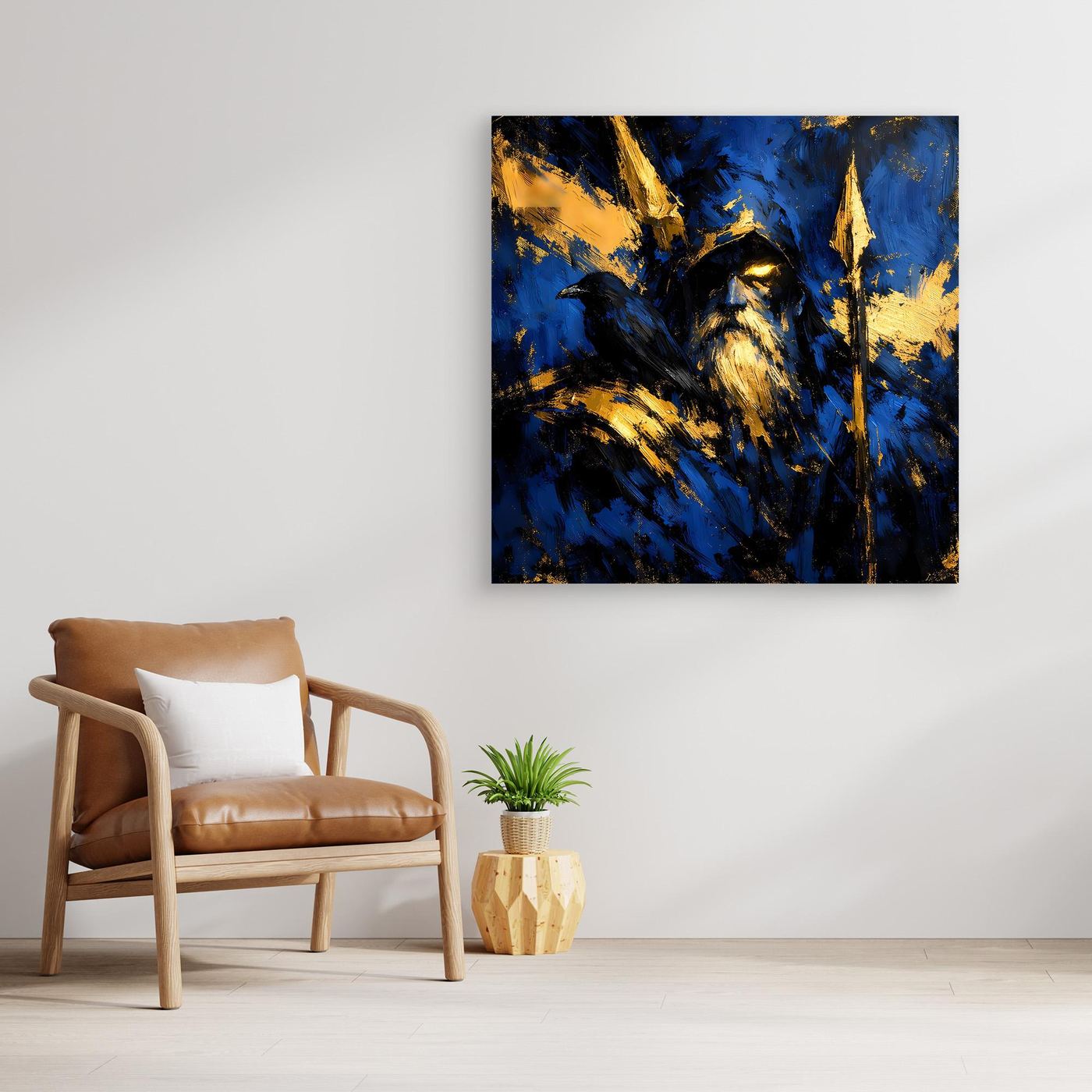 Leinwand Odin der Allvater in Blau und Gold | Modernes Nordische Mythologie Wandbild mit Rabe