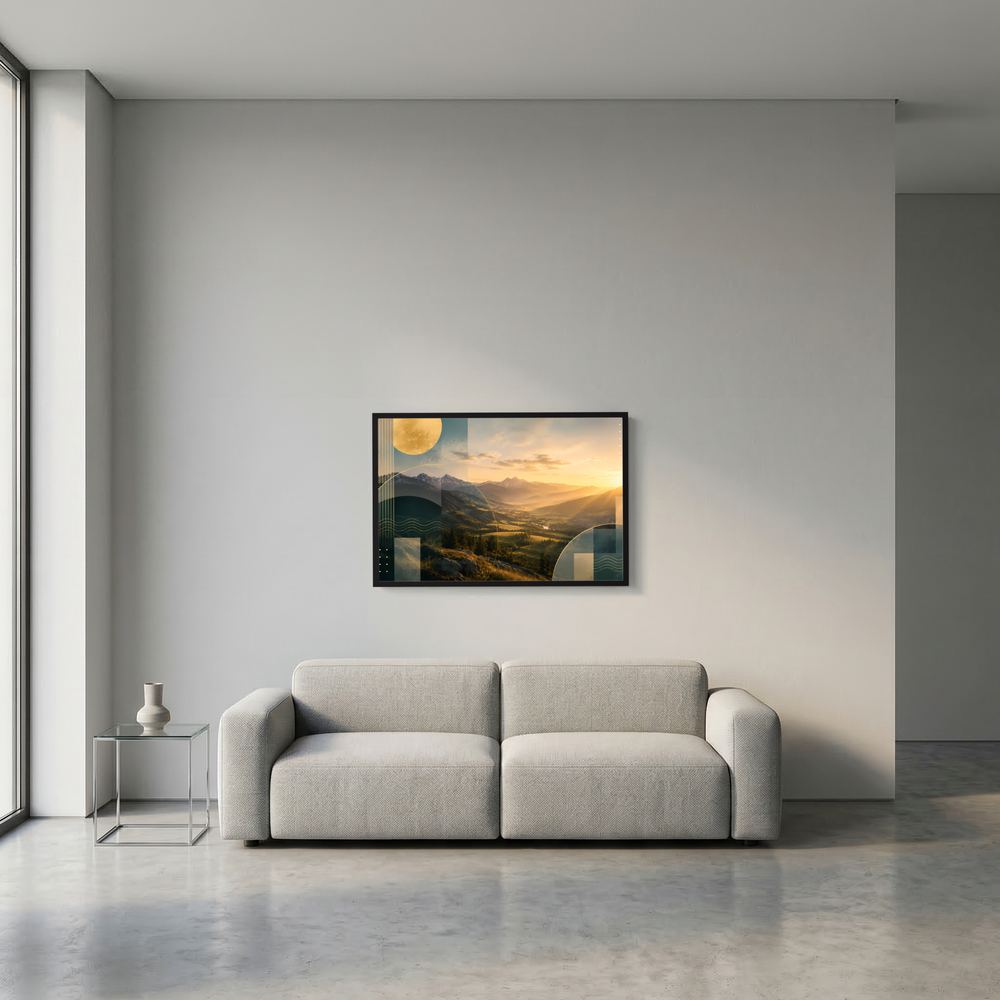 Kleines gerahmtes Wandbild mit abstrakter Alpenlandschaft, Gold und Petrol im Querformat
