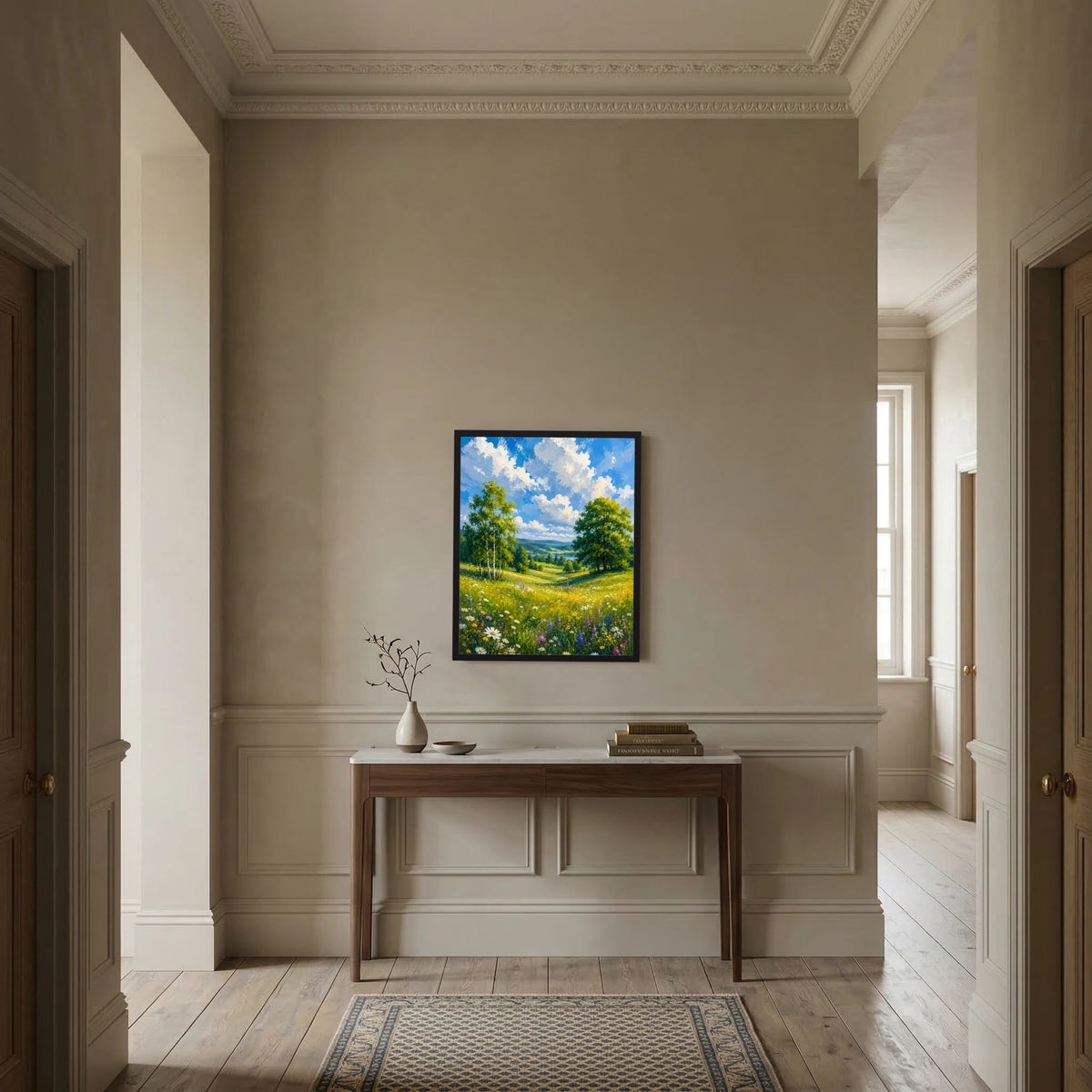 Dunkel gerahmtes Kunstposter mit Hügel-Landschaft, Blumen und Bäumen unter Wolken