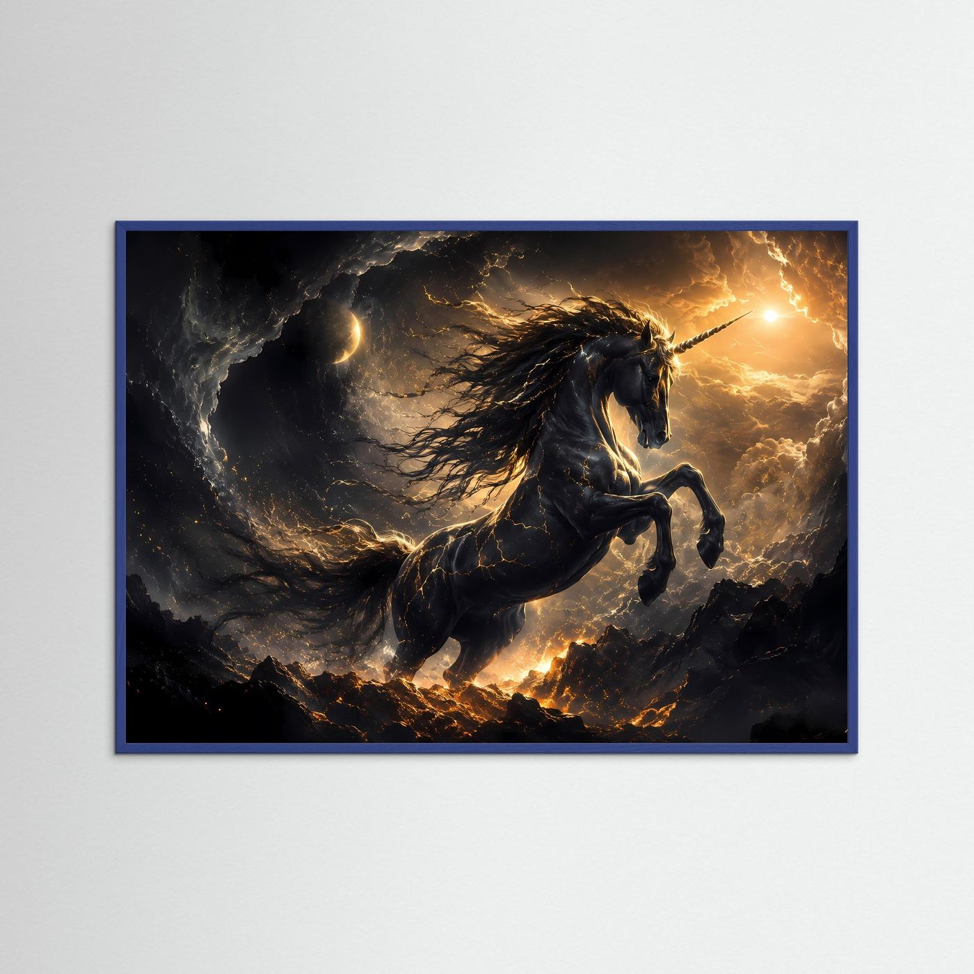 Einhorn Poster | Mystische Fantasy Wandkunst | Schwarzes Einhorn mit Gold | Magische Himmel Landschaft | Leinwandbild Modern