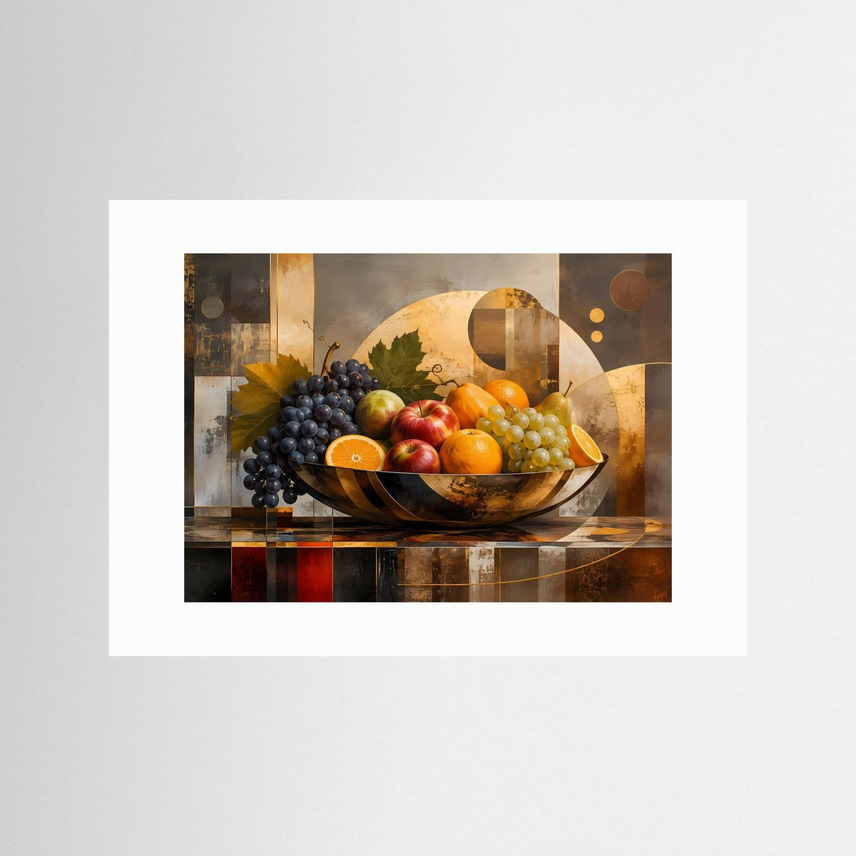 Querformat-Poster mit Stillleben und Obstschale; Weintrauben und Früchte im hellen Passepartout