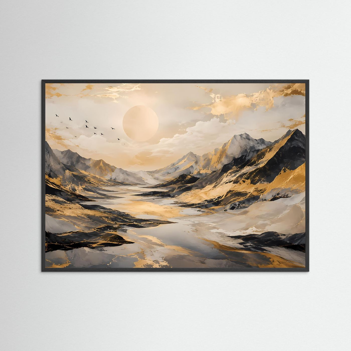 Abstrakte Berglandschaft mit Goldakzenten | Modernes Poster in Schwarz, Weiß & Gold | Edles Wandbild Querformat