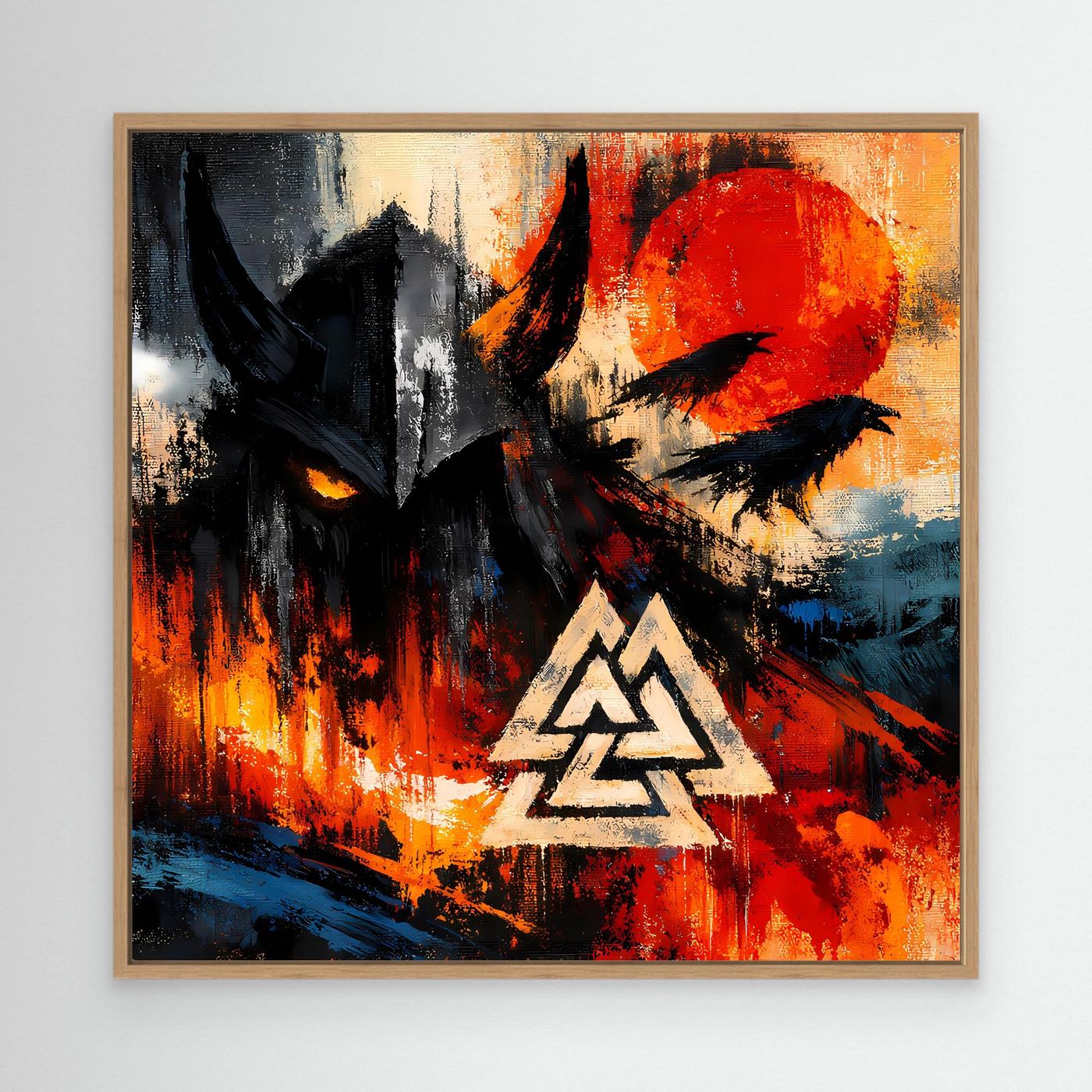 Leinwand-Wandbild mit abstraktem Raben und Valknut-Symbol, Holzrahmen