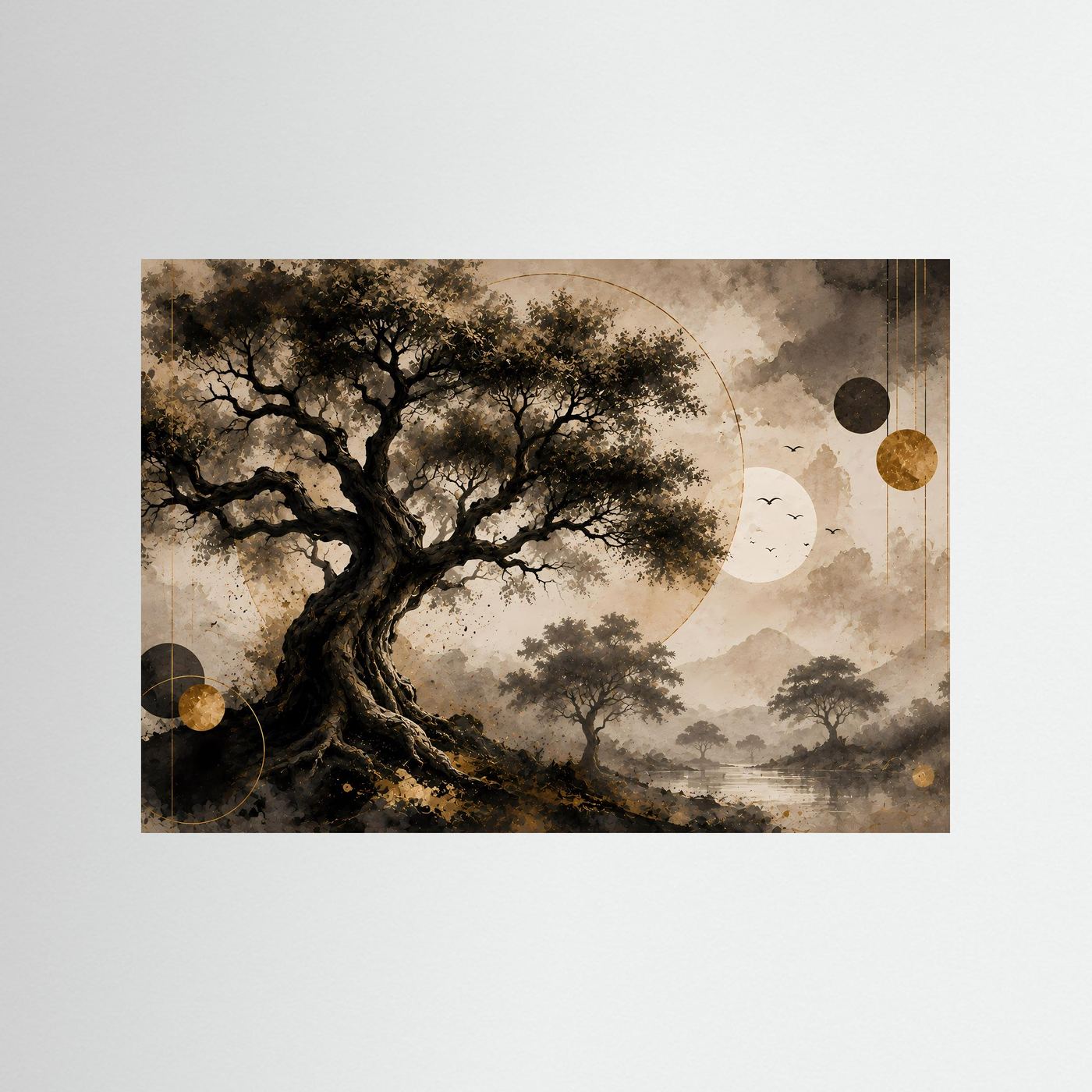 Abstrakte Natur-Wandkunst mit dunklem Baum, Gold- und Beige-Tönen im Querformat