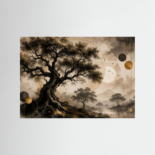Abstrakte Natur-Wandkunst mit dunklem Baum, Gold- und Beige-Tönen im Querformat