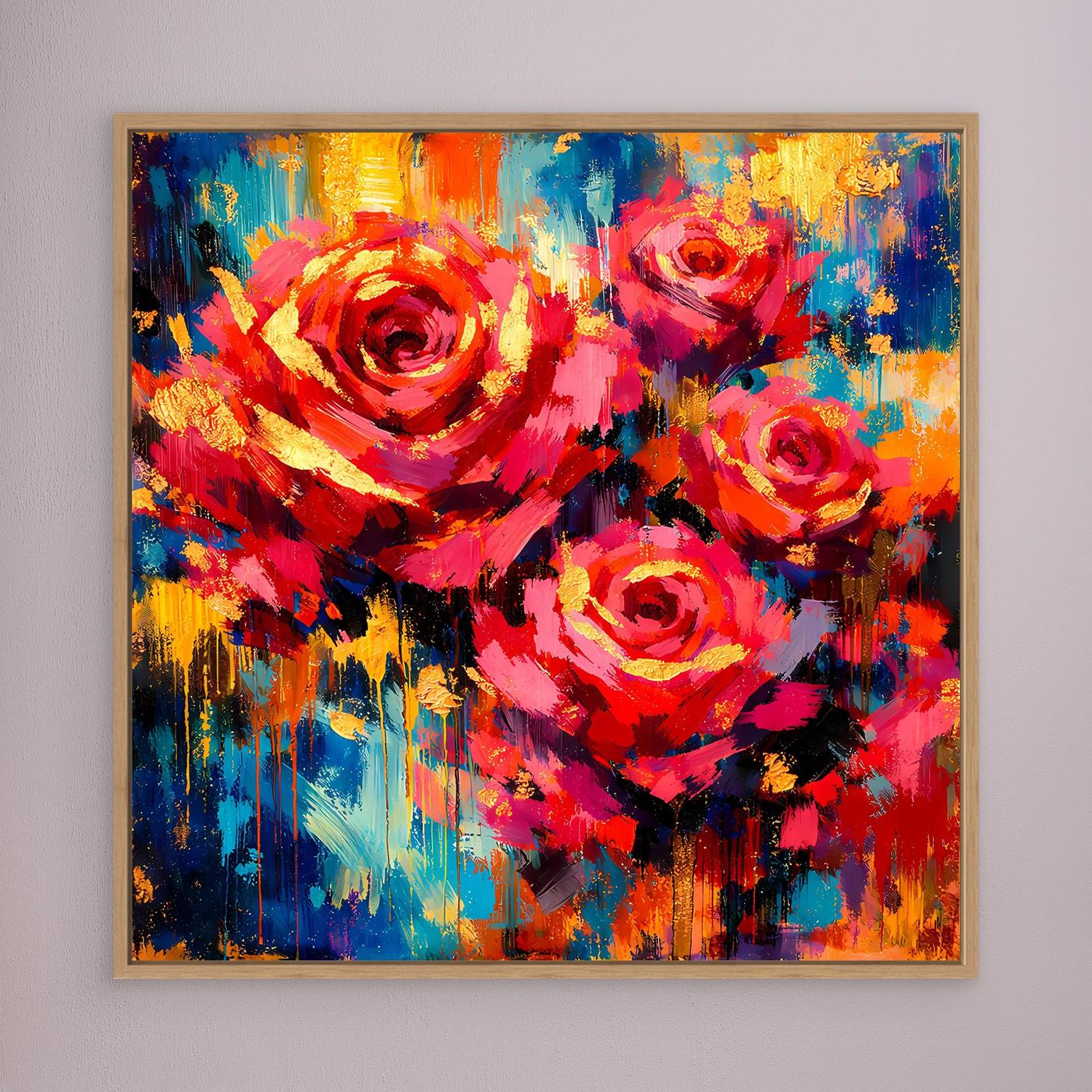 Leinwandbild mit abstrakten Rosen in Rot, Gelb und Blau, mit Holzrahmen