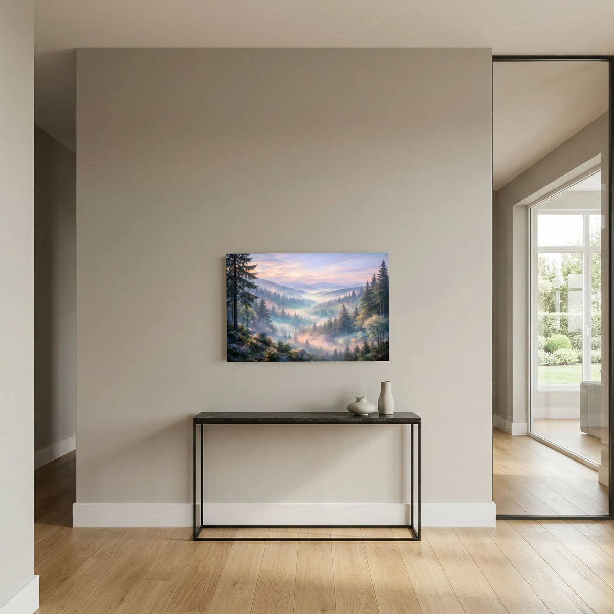 Wandposter im Querformat mit Berglandschaft im Nebeltal und Nadelwald bei Abendrot