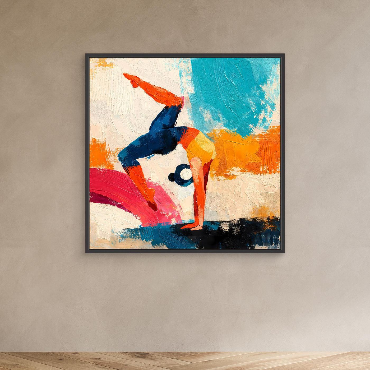 Dark-framed abstract yoga handstand wall art with blue, orange, red and teal dynamic figure