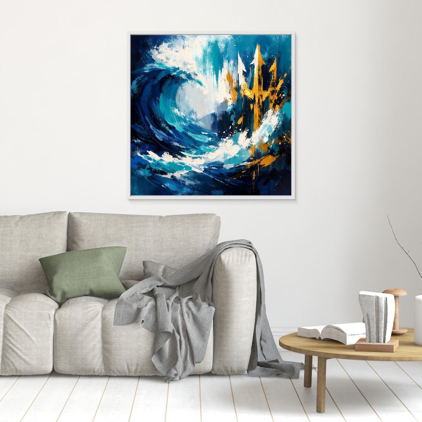 Light blue frame ocean wave canvas art with gold skyline and blue abstract brush strokes