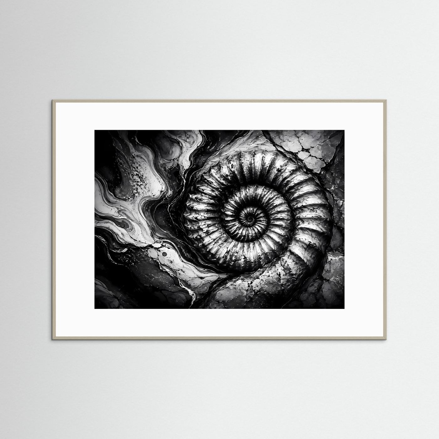 Ammonit Fossil Schwarz Weiß Poster | Geologische Wandkunst | Makro Fossilien Kunst | Monochrome Natur Fotokunst | Moderne Leinwand