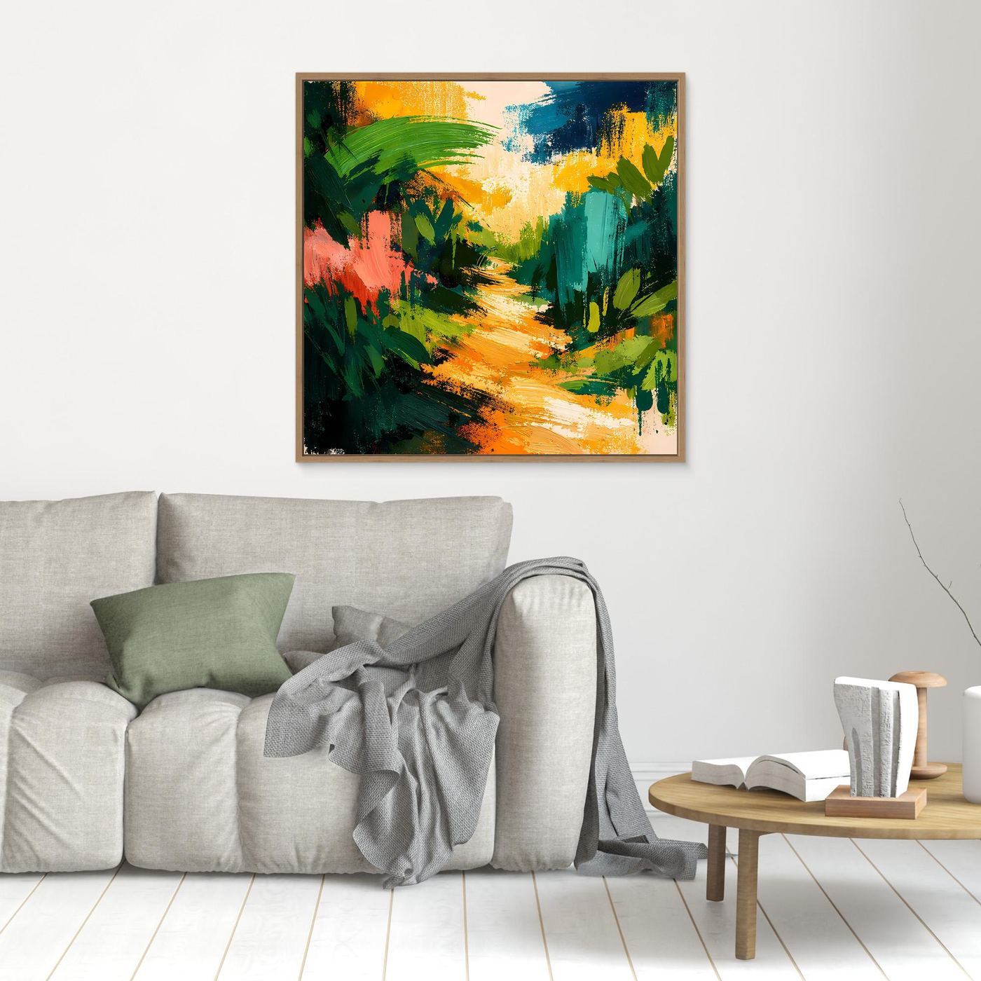 Framed abstract forest path canvas wall art with colorful brushstrokes, square