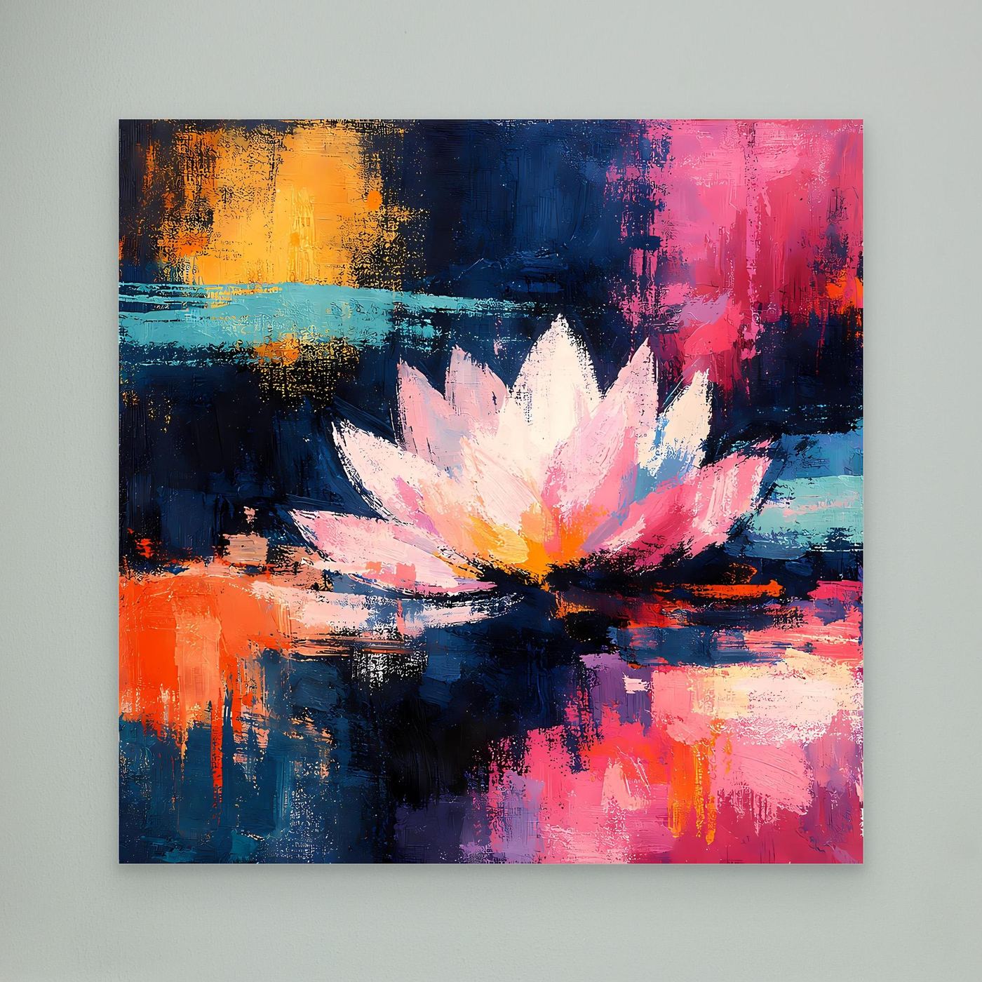 Abstraktes Leinwand-Wandbild mit Lotusblüte, rosa-weiße Blütenblätter und kräftige Farbstriche.