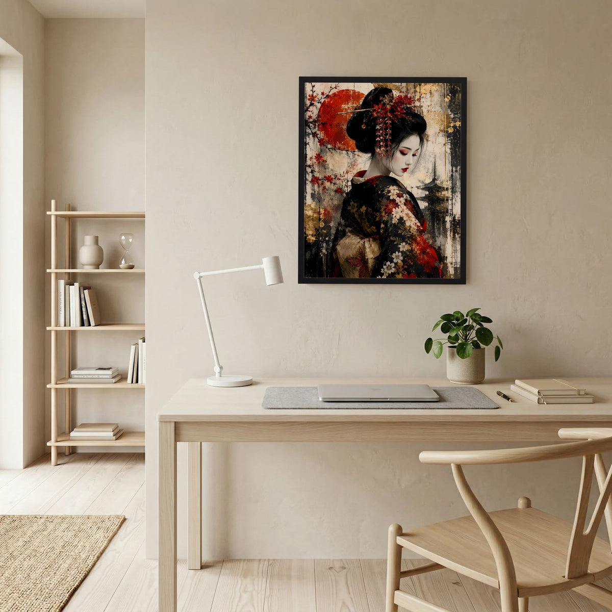Hochformat-Poster mit Frau im schwarzen Gewand und roten Akzenten sowie goldenen Sprenkeln