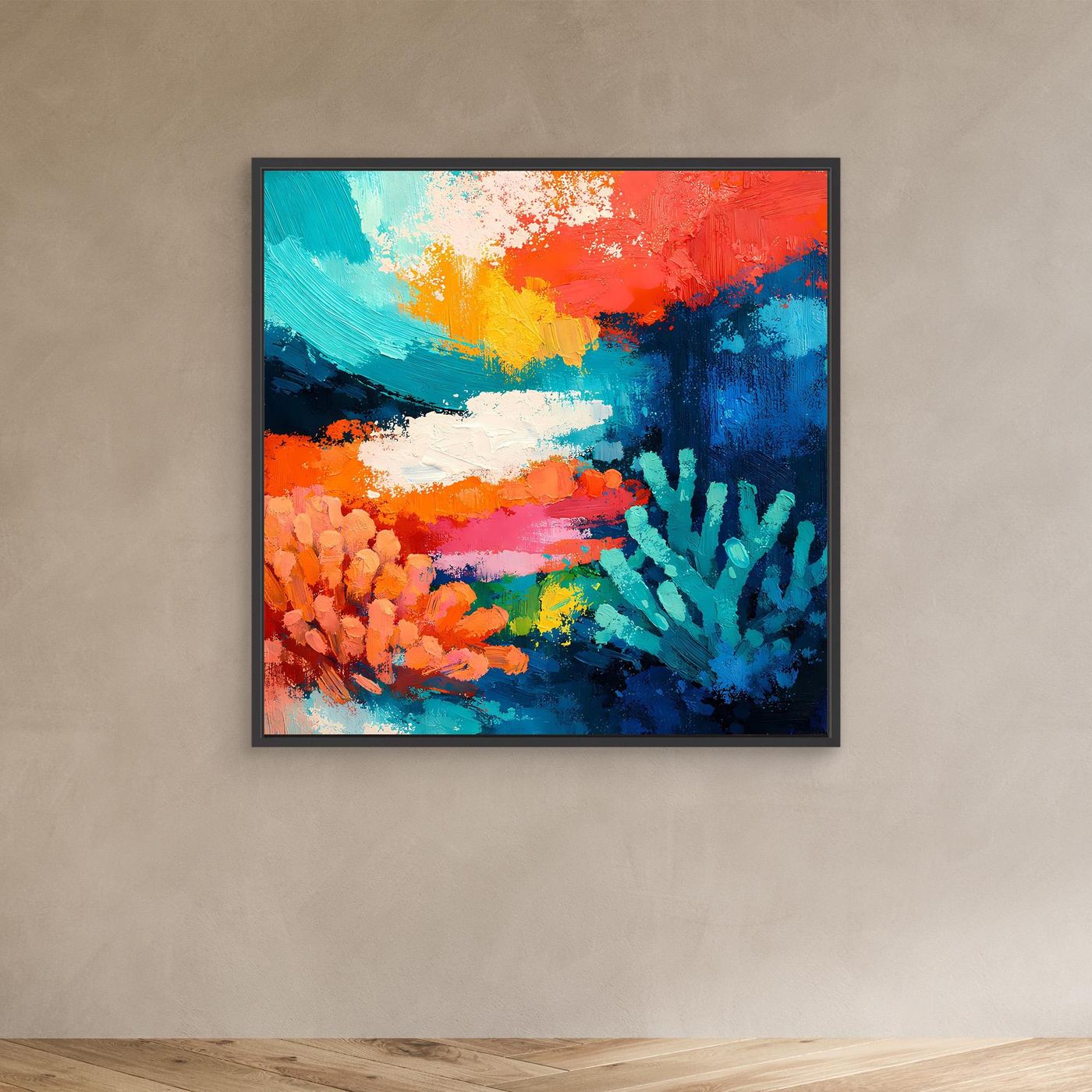 Abstraktes Leinwand-Wandbild: Unterwasser-Korallenriff mit schwarzem Rahmen.