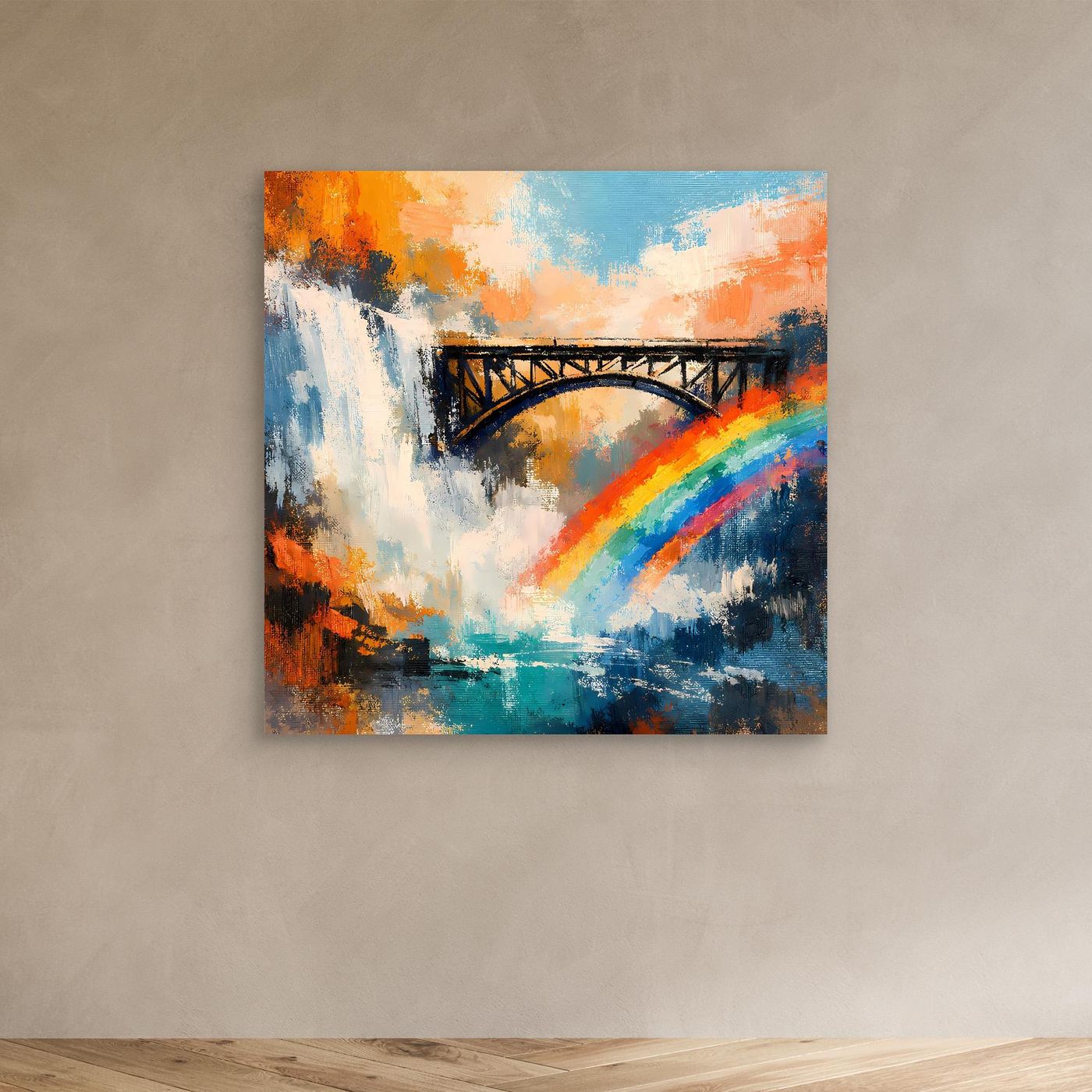 Abstraktes Leinwand-Wandbild mit Wasserfall, Brücke und Regenbogen