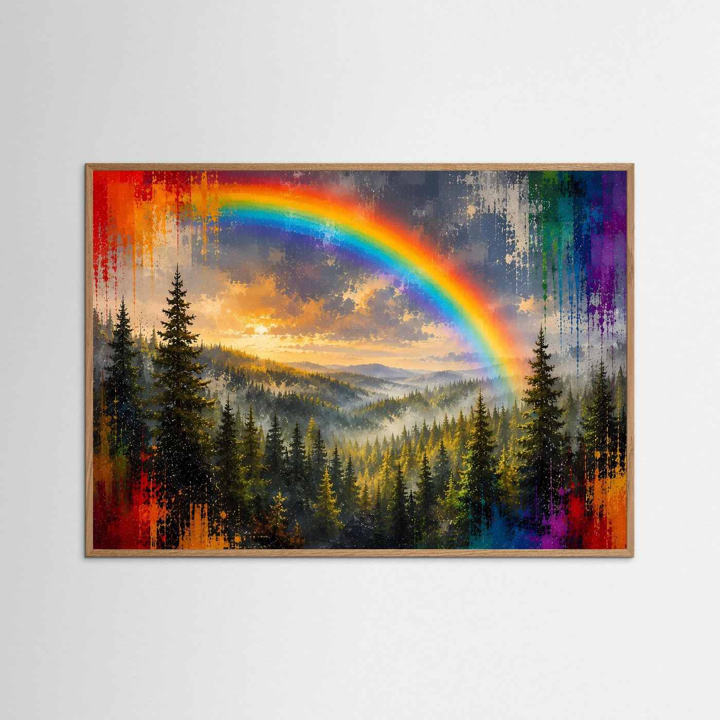 Moderner Nadelwald mit Regenbogen & Farbspritzern | Buntes Panorama Poster Querformat