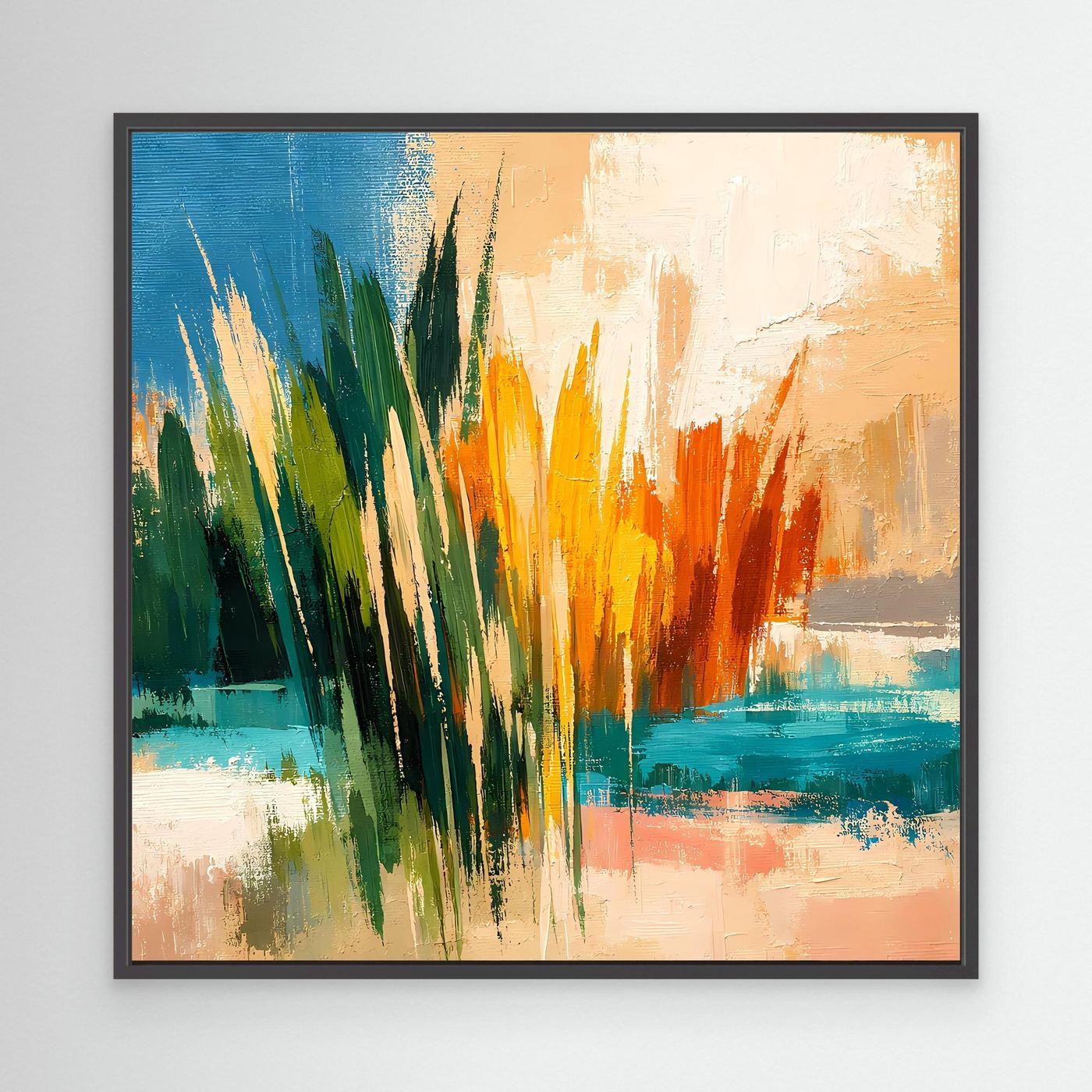 Wandbild mit abstrakter Schilflandschaft und Meer, dunkler Rahmen