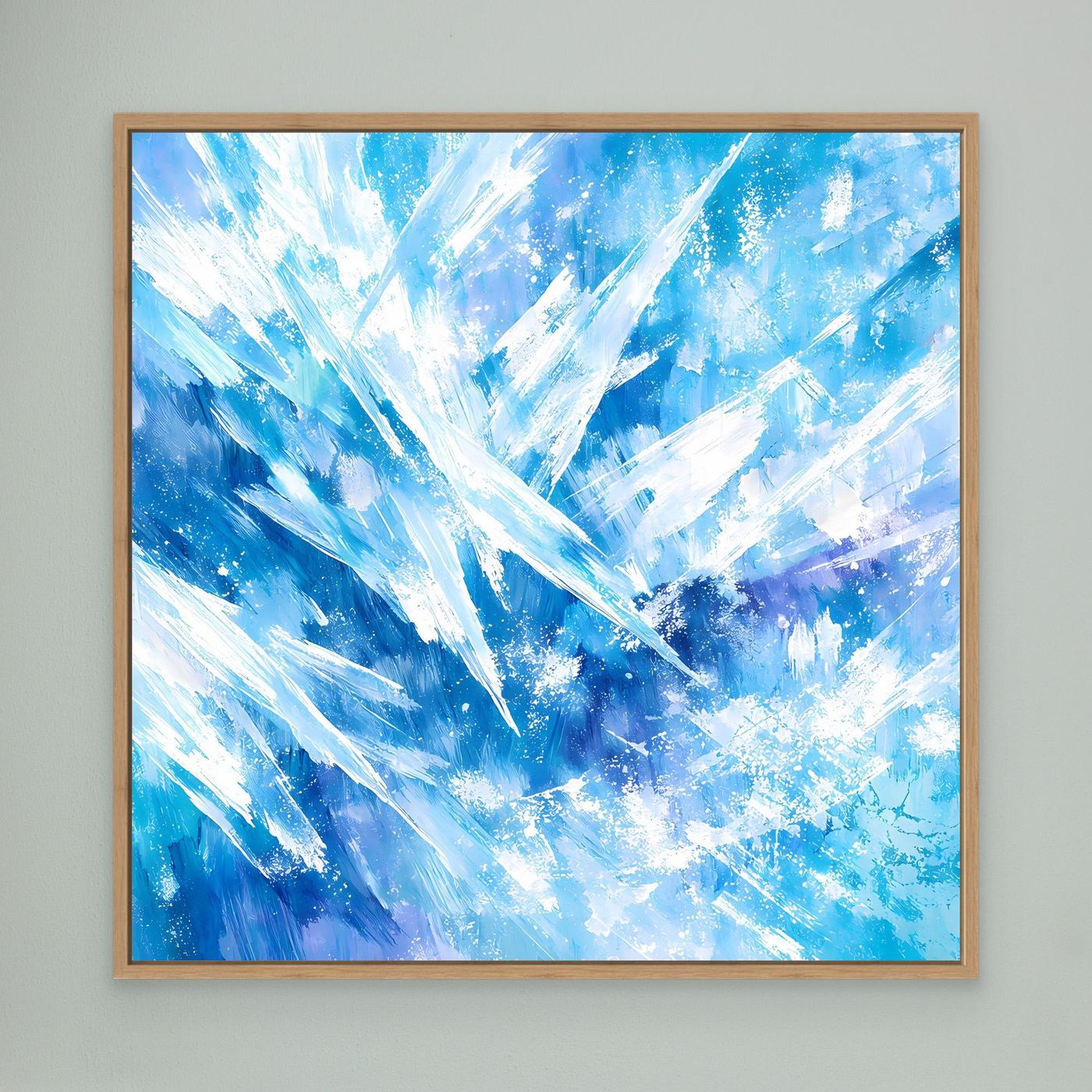 Quadratisches Leinwand-Wandbild mit blauem Eis- und Kristallmuster, Holzrahmen