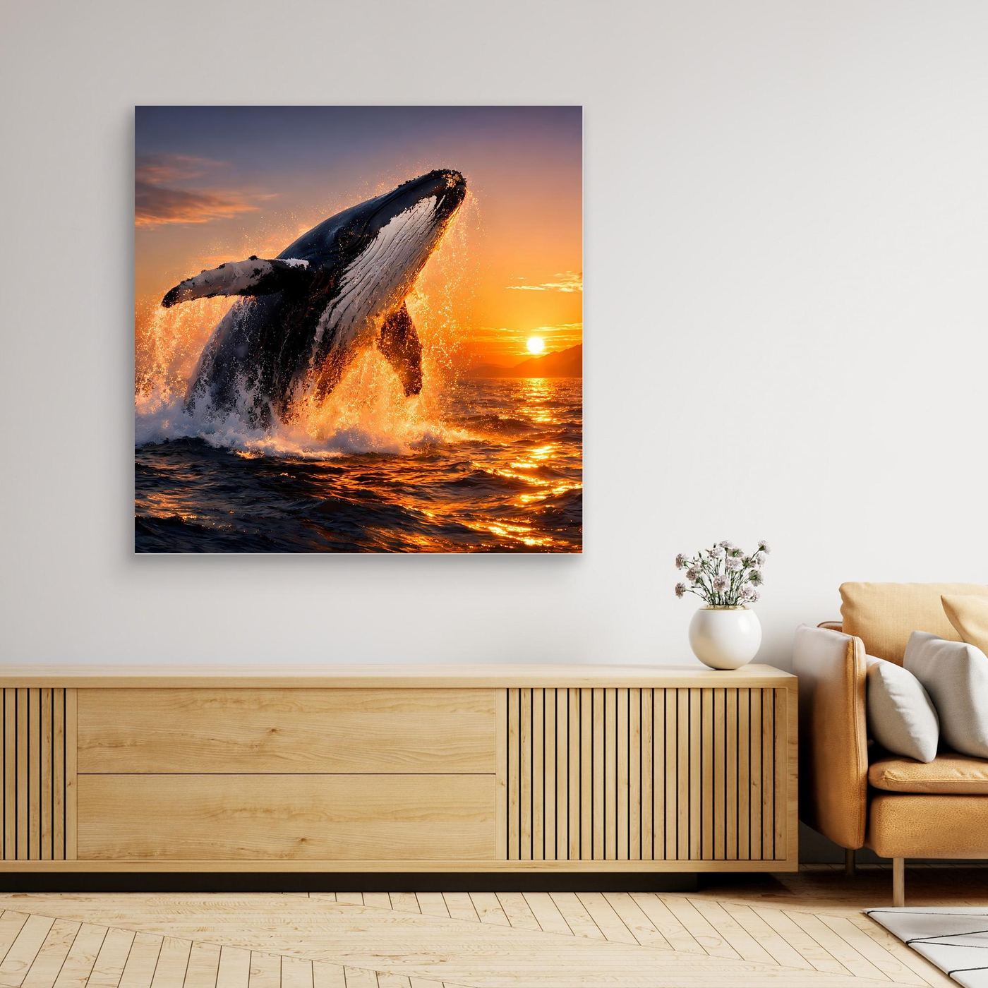 Leinwandbild mit springendem Buckelwal, gerahmt, Sonnenuntergang am Meer