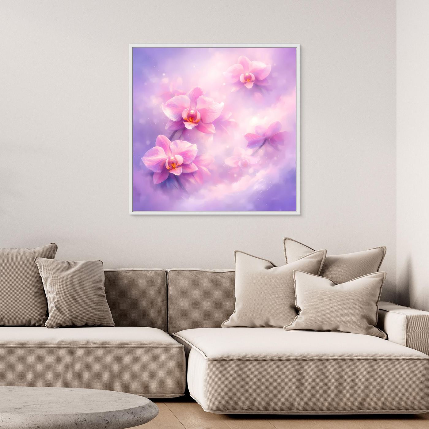Leinwandbild mit pastellfarbenen Orchideen im lila-pinken Farbverlauf, mit weißem Rahmen.