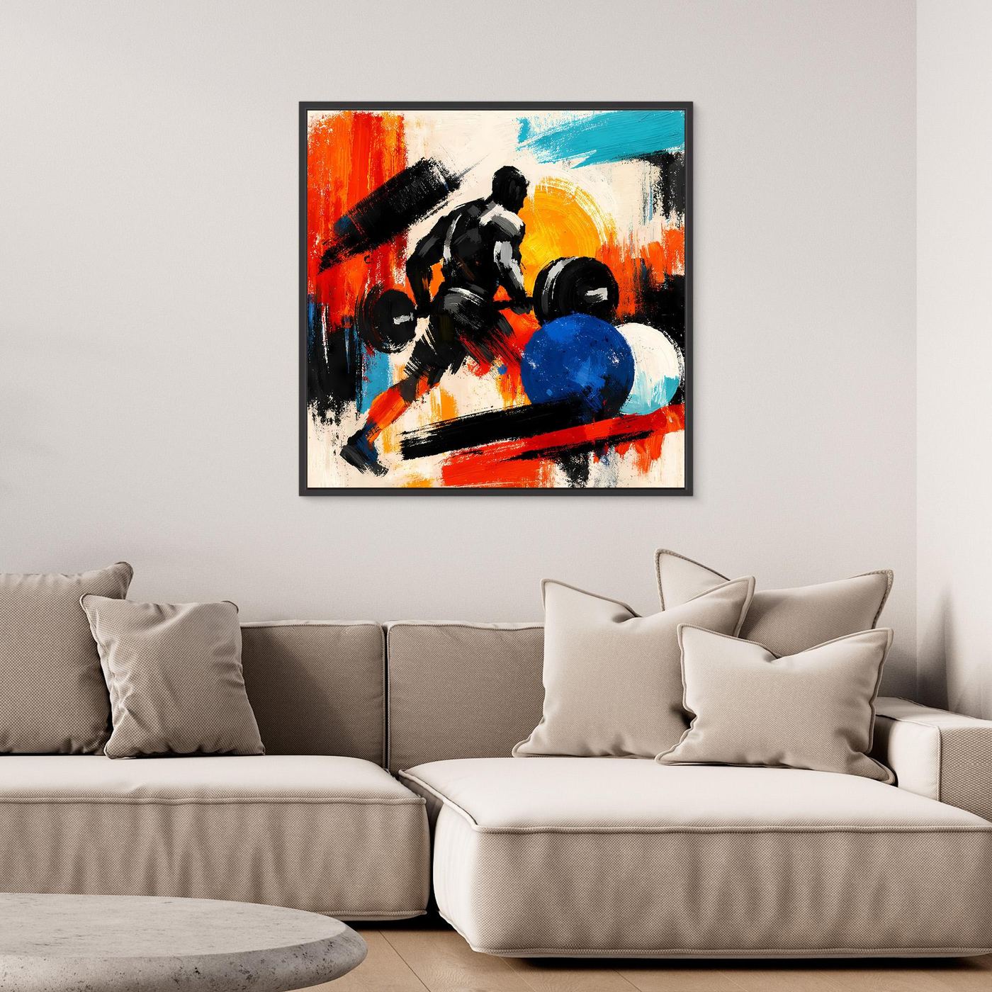 Abstract fitness wall canvas with colorful bodybuilder and dumbbells, black frame