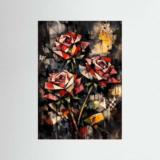 Geometrische Eleganz | Rote Rosen Poster im kubistischen & abstrakten Kunststil | Kunstposter Hochformat